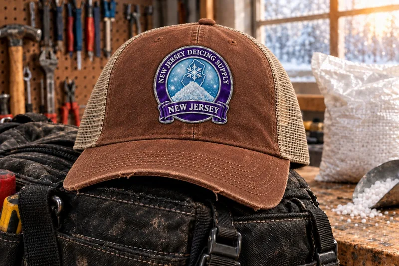 New Jersey Deicing Supply trucker cap on a tool bag in a workshop