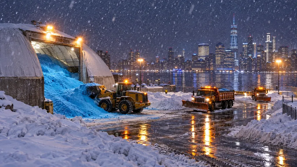 Snowy riverside yard with a salt pile and loader at night, a city skyline across the water