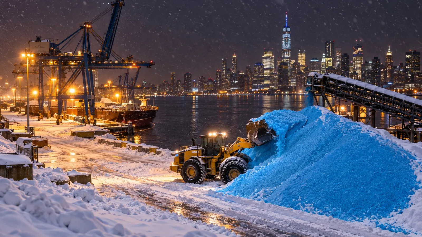 Loader pushing blue treated salt at a port terminal at night, with cranes and a lit city skyline across the water