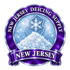 New Jersey Deicing Supply badge: snowflake and New Jersey outline over a salt pile
